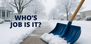 Snow shovel clearing a residential sidewalk during a winter storm in a Toledo neighborhood.