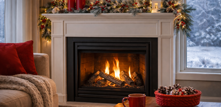 Cozy living room with a lit gas fireplace and winter mantel decor, creating a warm and safe indoor atmosphere during a Toledo winter.
