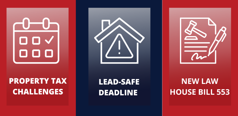 Three-panel graphic highlighting 2026 investor challenges in Toledo including property tax challenges, lead-safe deadlines, and new housing legislation