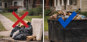 Side-by-side image showing eviction trash piled at the curb compared to a dumpster placed in a residential driveway