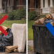 Side-by-side image showing eviction trash piled at the curb compared to a dumpster placed in a residential driveway