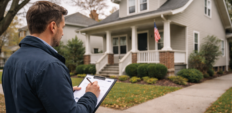 Real estate assessor evaluating a residential home in a Toledo neighborhood for property valuation