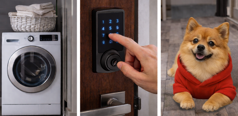 Triptych photo of a modern washer and dryer, a smart lock being activated, and a Pomeranian wearing a red hoodie lying on the floor, representing top rental amenities.