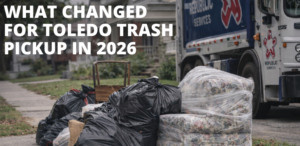 Bulk trash and wrapped furniture set at a Toledo curb with a Republic Services garbage truck during 2026 trash pickup changes