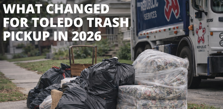 Bulk trash and wrapped furniture set at a Toledo curb with a Republic Services garbage truck during 2026 trash pickup changes