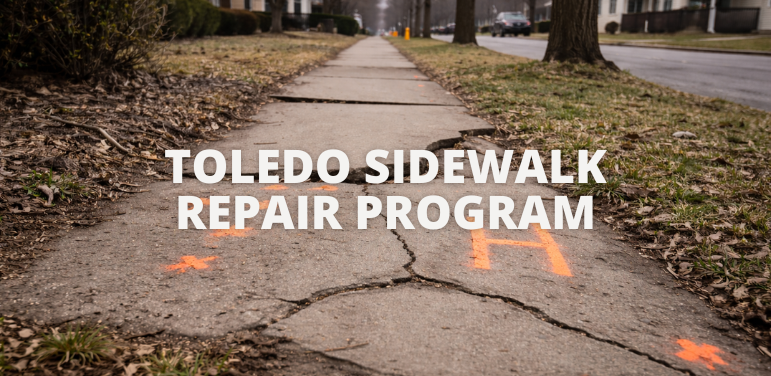 Cracked residential sidewalk in a Toledo neighborhood marked for repair under the city sidewalk repair program.