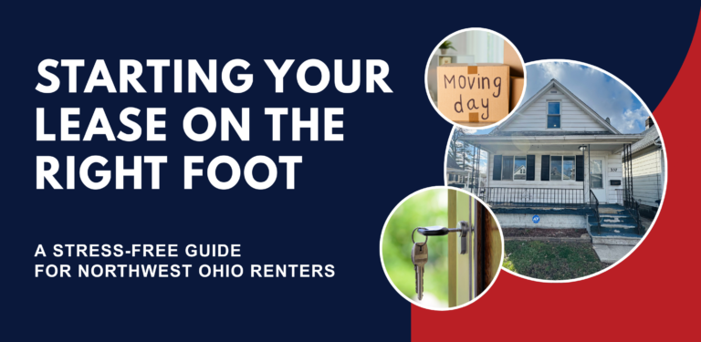 Moving into a new rental home with keys, moving boxes, and a house exterior, representing a stress-free move-in for Northwest Ohio renters