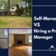 A collage showing a suburban brick rental home in Northwest Ohio and its renovated interior with hardwood floors and a stone fireplace, titled Self-Managing VS Hiring a Property Manager.