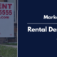 Modern real estate graphic showing a “For Rent” yard sign on the left and a navy panel on the right with the text “Market Update” and “Rental Demand Is Shifting.”