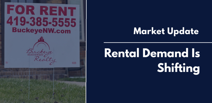 Modern real estate graphic showing a “For Rent” yard sign on the left and a navy panel on the right with the text “Market Update” and “Rental Demand Is Shifting.”