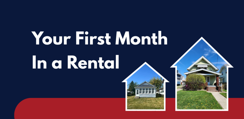 Modern rental blog header featuring the title “Your First Month in a Rental” with two homes displayed on a navy and red background