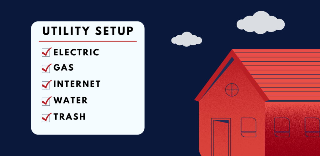 Illustrated utility setup checklist beside a home graphic for a Toledo renter move-in guide