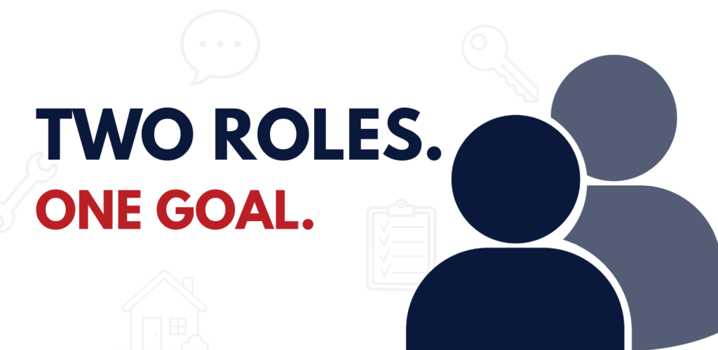 Illustrated graphic featuring two overlapping figures representing property management and property ownership, alongside the text “Two Roles. One Goal.” with subtle maintenance and communication icons in the background.