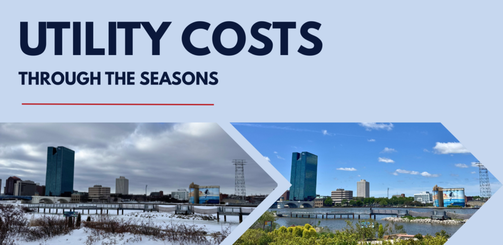 Graphic for an article about how seasonal changes can affect utility bills, featuring side-by-side winter and summer views of the Toledo skyline and waterfront.