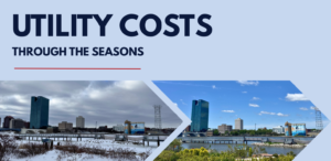 Graphic for an article about how seasonal changes can affect utility bills, featuring side-by-side winter and summer views of the Toledo skyline and waterfront.