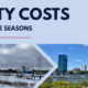 Graphic for an article about how seasonal changes can affect utility bills, featuring side-by-side winter and summer views of the Toledo skyline and waterfront.