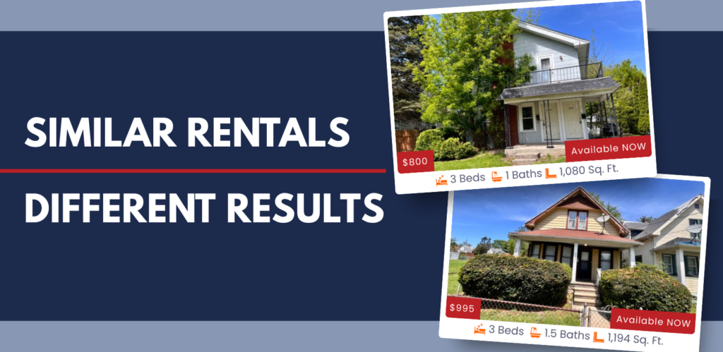 Graphic showing two rental listing cards side by side with the text “Similar Rentals, Different Results.” The listings feature similar three-bedroom rental properties with different pricing and property details, illustrating how comparable rentals can perform differently in the market.