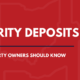 Educational graphic featuring the text "Security Deposits: What Property Owners Should Know" on a red background with subtle Ohio state outlines and a navy accent line.