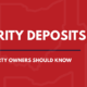 Educational graphic featuring the text "Security Deposits: What Tenants Should Know" on a navy background with subtle Ohio state outlines and a red accent line.