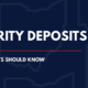 Educational graphic featuring the text "Security Deposits: What Tenants Should Know" on a navy background with subtle Ohio state outlines and a red accent line.