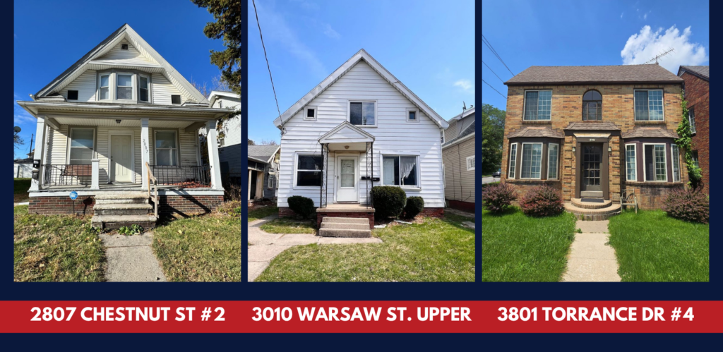Graphic highlighting three Buckeye Northwest Realty rental properties priced under $600 per month in Toledo, Ohio, featuring homes on Chestnut Street, Warsaw Street, and Torrance Drive.