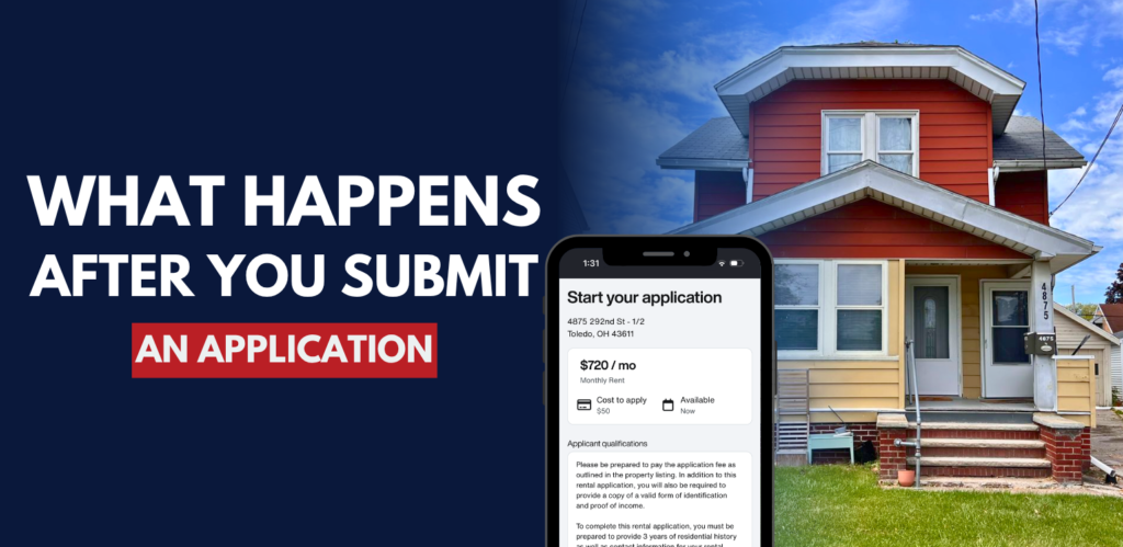 Graphic for an article explaining what happens after submitting a rental application. The image features a rental home, a smartphone displaying an online rental application, and the headline "What Happens After You Submit an Application.