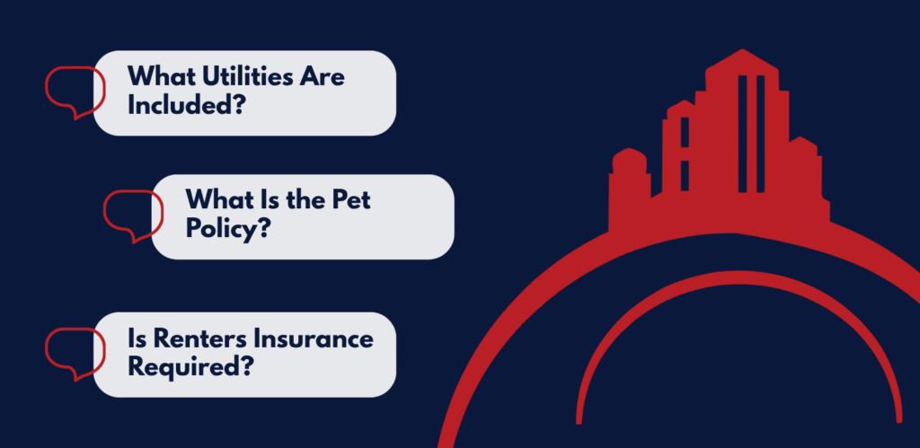 Graphic featuring common rental questions, including "What utilities are included?" "What is the pet policy?" and "Is renters insurance required?" alongside a stylized red city skyline on a navy background.
