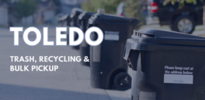 Hero image for a Toledo trash and recycling guide showing a row of residential trash bins lined up along a neighborhood street with the words "Toledo Trash, Recycling & Bulk Pickup."