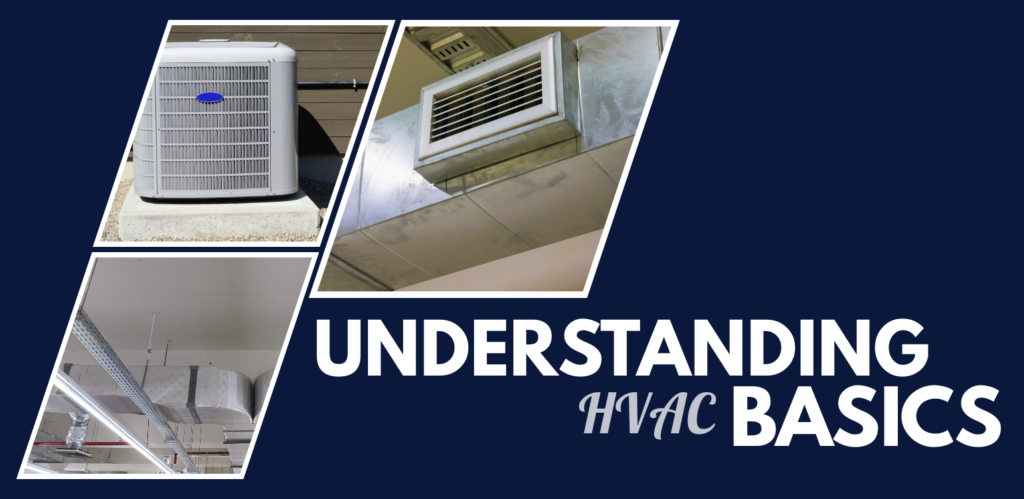 Hero graphic that features a navy blue background with angled photos of an outdoor air conditioning condenser, HVAC ductwork, and a ceiling supply register. Large white text reads "Understanding HVAC Basics."