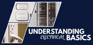 Hero graphic that features a navy blue background with angled photos of a GFCI outlet with TEST and RESET buttons, a residential circuit breaker panel, and a standard electrical outlet with a plug inserted. Large white text reads "Understanding Electrical Basics."