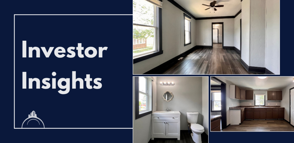 Navy blue article graphic featuring the words "Investor Insights," three interior photos of a rental property, and the Buckeye Northwest Realty logo. The image accompanies an article about what experienced property investors wish they had known sooner.
