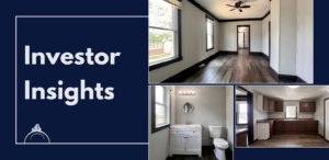 Navy blue article graphic featuring the words "Investor Insights," three interior photos of a rental property, and the Buckeye Northwest Realty logo. The image accompanies an article about what experienced property investors wish they had known sooner.