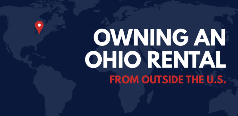 World map with a location pin marking Toledo, Ohio, and text reading “Owning an Ohio Rental From Outside the U.S.”