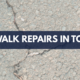 Close-up of a cracked concrete sidewalk with a navy banner reading “Sidewalk Repairs in Toledo.”