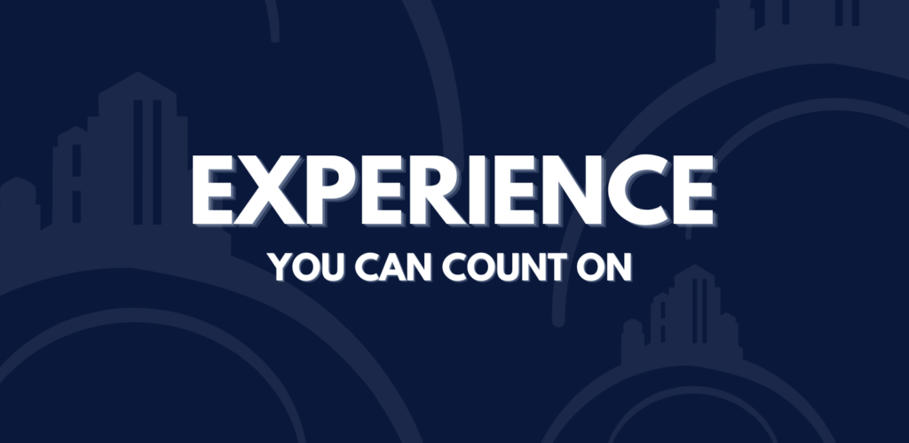 Graphic displaying the phrase "Experience You Can Count On" in bold white text on a navy background with subtle Buckeye Northwest Realty logo elements, representing trusted vendor relationships and experienced property management.