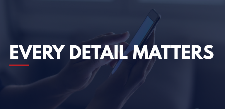 Graphic featuring the words "Every Detail Matters" in bold white text over a navy overlay with a person using a smartphone in the background, representing clear communication and rental property maintenance requests.