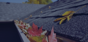 Photo of roof with fallen leaves in gutter