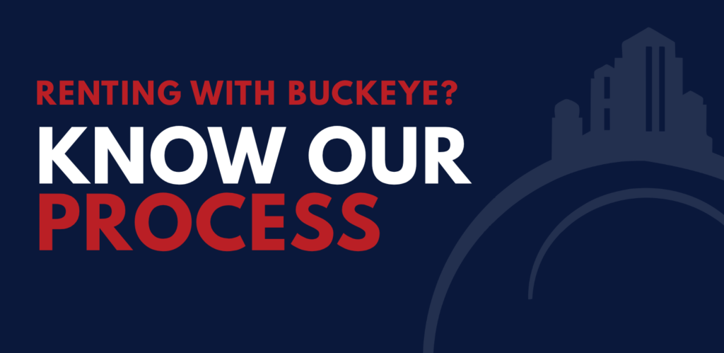 Graphic reading “Renting with Buckeye? Know Our Process” with a faded Buckeye Northwest Realty logo on a navy background.