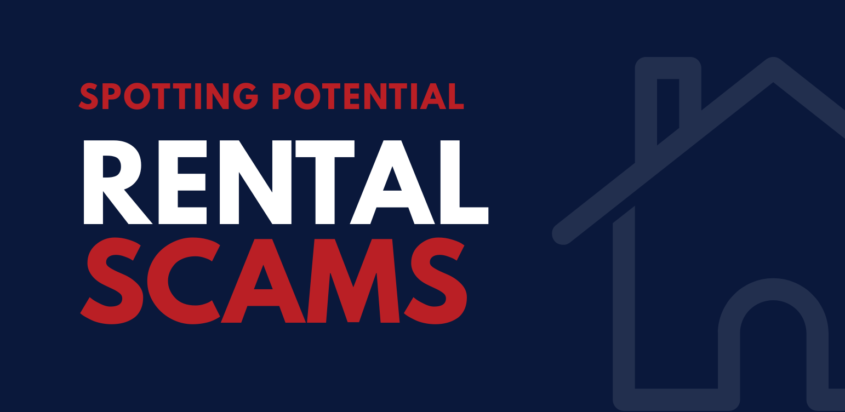 Graphic reading “Spotting Potential Rental Scams” with a simple house outline on a navy background.