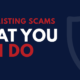 Graphic reading “Rental Listing Scams: What You Can Do” with a faded shield and checkmark on a navy background.