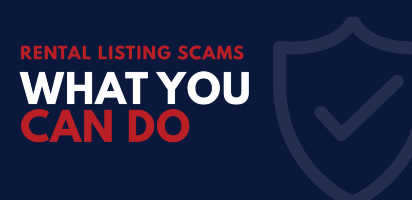 Graphic reading “Rental Listing Scams: What You Can Do” with a faded shield and checkmark on a navy background.