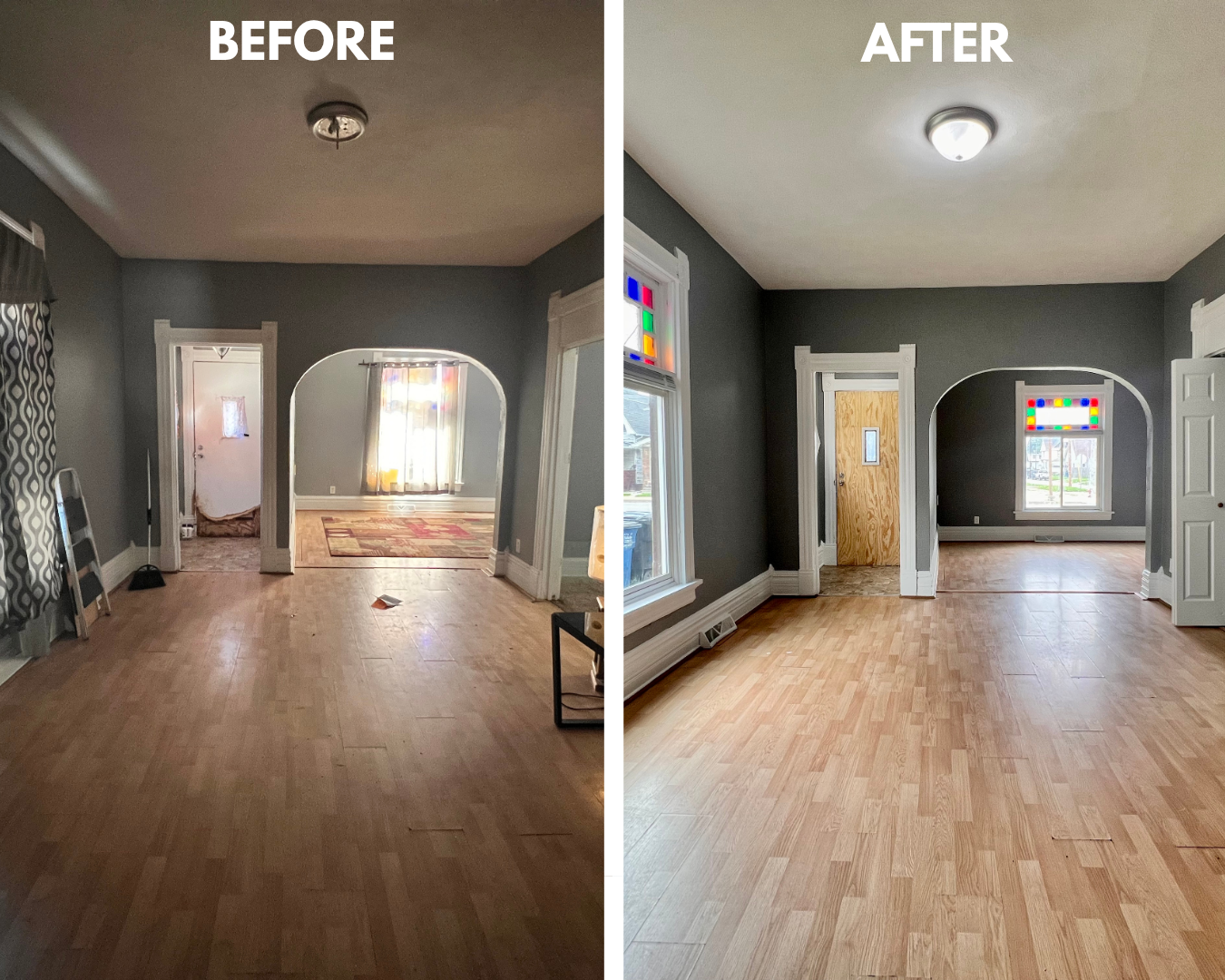Before and after renovation of a Toledo rental home living room