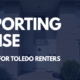 Apartment building entrance with a navy overlay and text reading “Reporting Noise: A Guide for Toledo Renters.”