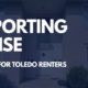 Apartment building entrance with a navy overlay and text reading “Reporting Noise: A Guide for Toledo Renters.”