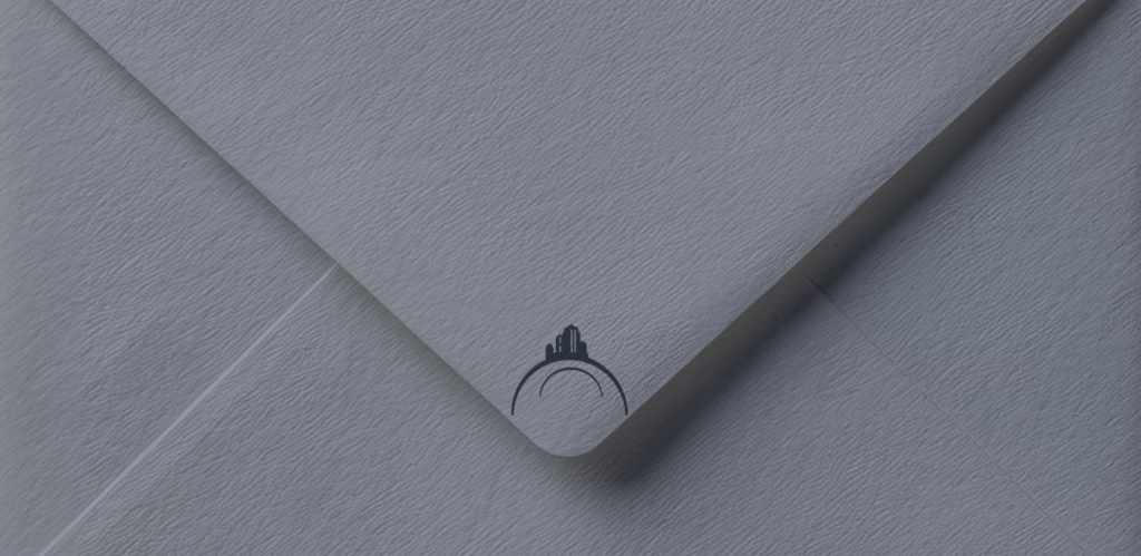 Close-up of a navy envelope with a subtle Buckeye Northwest Realty logo, representing updating your mailing address when moving.