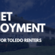 Apartment building exterior with a navy overlay and text reading “Quiet Enjoyment: A Guide for Toledo Renters.”