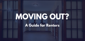 Empty rental room viewed through wooden French doors with a navy overlay and white text reading “Moving Out? A Guide for Renters.”