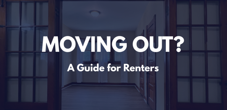 Empty rental room viewed through wooden French doors with a navy overlay and white text reading “Moving Out? A Guide for Renters.”