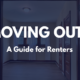 Empty rental room viewed through wooden French doors with a navy overlay and white text reading “Moving Out? A Guide for Renters.”