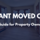 Empty rental room with wood flooring, windows, and doors, featuring a navy overlay and white text reading “Tenant Moved Out? A Guide for Property Owners.”